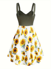 Charming Sunflower Print Patchwork Tank Dress - Vintage Button Crisscross Front - Effortlessly Stylish Sleeveless Womens Casual Wear