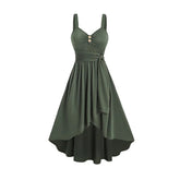 2025 Women's Plain Color Mock Button Empire Waist Ruched Bust Dress Asymmetrical Hem Overlap Self Belted Casual Dress