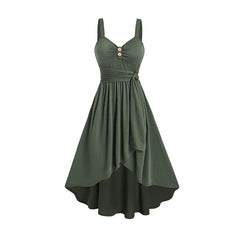 2025 Women's Plain Color Mock Button Empire Waist Ruched Bust Dress Asymmetrical Hem Overlap Self Belted Casual Dress