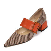 New Spring/Autumn Shoes Women Pointed Toe Chunky Heel Fabric High Heel Pumps Mixed Color Square Button Ladies Shoes