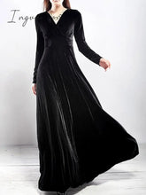 Ingvn - Women‘s Party Dress Wedding Guest Dress Velvet Dress Long Dress Maxi Dress Black Wine Royal Blue Long Sleeve Pure Color Ruched Fall Spring V Neck Fashion Party Winter Dress Evening Party 2023 S M L XL