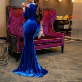 Ingvn - Elegant Blue Velvet Mermaid Long Dress Women Dinner Evening Formal Gown Ladies Bodycon Peplum Ruffle Vintage Maxi Party Dress