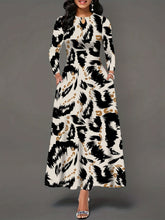 Stylish Women's Long Sleeve Maxi Dress with Pockets - Elegant Leopard Print, Crew Neck, Stretchy Polyester Blend for Fall/Winter