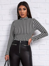 Houndstooth Print Mock Neck T-Shirt, Casual Long Sleeve Slim T-Shirt For Spring & Fall, Women's Clothing