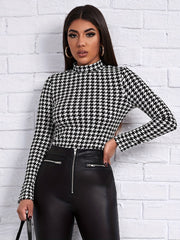 Houndstooth Print Mock Neck T-Shirt, Casual Long Sleeve Slim T-Shirt For Spring & Fall, Women's Clothing