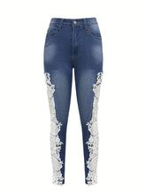 Vibrant Hollow Out Lace Contrast Jeans - Elegant, Skinny Fit, Stretchy Denim Pants with Fairy Core Design - Women's Fashionable Denim Clothing for Chic Style