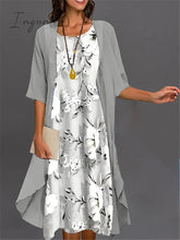 Ingvn - Women's Two Piece Dress Set Casual Dress Print Dress Outdoor Daily Fashion Elegant Print Midi Dress Crew Neck 3/4 Length Sleeve Floral Loose Fit Black White Pink Summer Spring S M L XL XXL