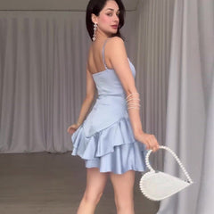 Pphmm hoco dresses Summer New Solid Color Satin Slim Fit Slimming A- line Suspender Skirt