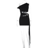 Hollow Out Oblique Shoulder Sexy Mini Dress For Women Robe Summer Black Sleeveless Backless Draped Skinny Club Dress