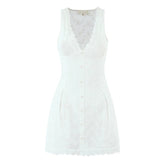 European And American Sexy Hollow Out Embroidered Dress Women V Neck Sleeveless A-line Mini White Dresses Summer Robe