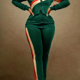 Two-piece Set, Long Sleeve & Long Length, Zip Up, Striped Print Retro Outfits, Women's Clothing