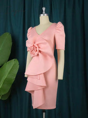 Ingvn - Pink Plus Size Dresses Women V Neck Short Puff Sleeve Big Flower Knee Length Outfits for Ladies Evening Birthday Party Gowns 4XL