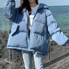 Ingvn - winter women's hooded zipper loose down jacket women's solid color regular thick padded jacket new