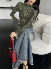 Women'S Y2K Style Long Sleeve T-Shirt, Sexy Sheer Mesh Knit Top with Crew Neck, 100% Polyester, Regular Length, 150g/m² Fabric Weight, Solid Color - Spring/Summer/Fall Fashion