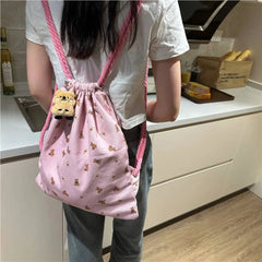 Ingvn Strap Pocket Drawstring Backpack for Women Casual Cute Pattern Versatile Backpack Canvas Bag Student Backpack