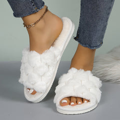 Open Toe Fluffy Home Slippers, Honeycomb Plush Soft Sole Flat Shoes, Women's Indoor Floor Slippers