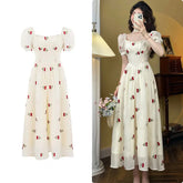 Elegant Fashions Floral Short Sleeves Midi Dresses for Women Summer New French Vintage Holiday Beach Party Female Clothing