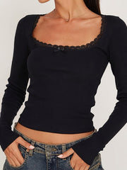 Solid Lace Trim T-Shirt, Casual Long Sleeve Top For Spring & Fall, Women's Clothing