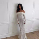 White Off The Shoulder Bodycon Dress New in Flare Sleeve Elegant Lace Maxi Dress Wedding Guest Dress for Women