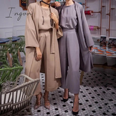 Ingvn - Spring Outfits Trends Women Solid Color Vest Wide Leg Pants Cardigan Coats 3-Piece Sets Fashion Design Arab Islamic Dubai Female Elegant Suit