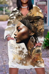 Ingvn - Colour Casual Print Patchwork V Neck Long Sleeve Dresses