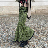 Elegant Lace Stitching Green Skirt Vintage Floral Slim-fitting Low Rise Long Skirts for Women y2k Fairycore Ladies Retro