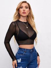 All-Season, High-Stretch Sheer Mesh Crop Top: Chic, Sexy Solid Color - Perfect for Summer & Beyond, Breathable & Versatile