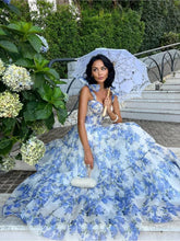 Elegant Blue Print Lace-up Maxi Dress Women Fashion Square Collar Sleeveless High Waist Dresses Ladies Evening Party Robes