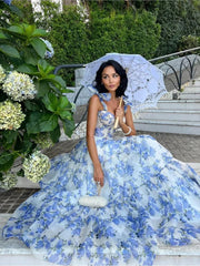 Elegant Blue Print Lace-up Maxi Dress Women Fashion Square Collar Sleeveless High Waist Dresses Ladies Evening Party Robes
