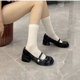 Ingvn Shoes for Woman Square Heels Women's Summer Footwear with Medium Mary Jane Black Japanese Style Lolita Gothic Pearl Korean