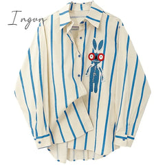 Ingvn - Women's Blue Stripe Shirts Polo Collar Rabbit Embroidery Long Sleeves Vintage Casual Fashion Baggy Ladies Blouse Tops Spring