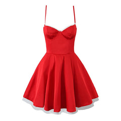 Sexy Elegant Women Lace Patchwork Red Satin Sling Mini Dress Female Summer Ball Gown Party Dresses Christmas Robe