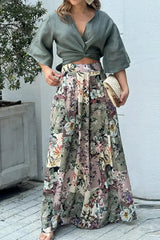 Ingvn - Casual Print Fold V Neck Half Sleeve Two Pieces
