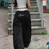 Contrast Lace Stitching Wide Leg Pants Streetwear y2k Low Rise Loose Black Trousers for Women Korean Fashion Baggy Capris