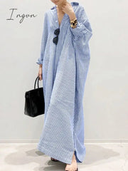 Ingvn - Summer New Dress Fashion Cotton Linen Striped Cardigan Loose Large Casual Temperament Commuter Irregular Women's Long Dress tops
