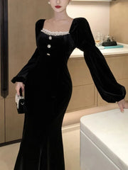 Autumn French Vintage Velvet Dress for Women Elegant Square Collar Single Breasted Party Mermaid Dresses Slim Vestidos Robe New