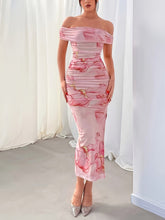 Elegant Floral Print Off Shoulder Dress - Backless Slim Side Split for Party & Banquet - Women's Clothing