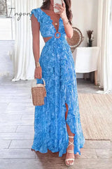 Ingvn - Sexy Floral Backless V Neck Printed Dress Dresses
