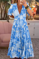 Ingvn - Sweet Elegant Floral V Neck A Line Dresses