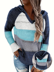 Color Block Drawstring Hooded Sweater, Casual Long Sleeve Sweater For Fall & Winter, Women's Clothing