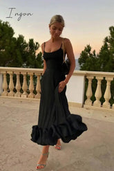 Ingvn - Elegant Flower Hem Sexy Midi Dress Women Spaghetti Strap Sleeveless Backless A- Line Loose Temperament Long Dress