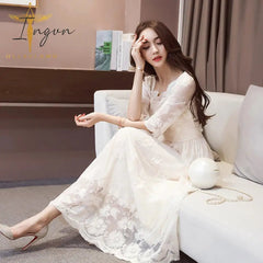 Ingvn - Fashion Trends Sexy Lace Ruffled Hollow Out See Through Evening Party Dress Elegant Temperament Mesh Solid Nightclub Splice Robes Vestidos
