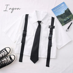 Ingvn - Spring Outfits 2023 Trends Harajuku Women Shirts And Blouses Feminine Tie Pocket Top Casual White Turn-down Collar OL Style Female Blouses Streetwear