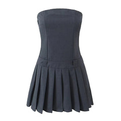 New Women Sexy Strapless Mini Dress Slim Low Waist Pleated Hem A-line Party Robe