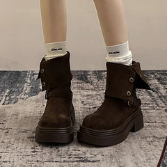 Ingvn Vintage Spring Autumn Women Motorcycle Boots Fashion Belt Buckle Mid Calf Booties Platform Thick Heel Casual Ladies Shoes