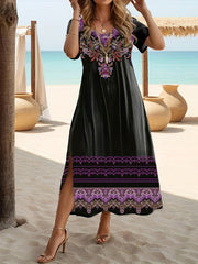Plus Size Floral Print Vacation Dress with Stylish Slit - Lightweight Short Sleeve for Spring & Summer Getaways - Trendy Womens Plus Size Clothing