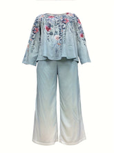 Plus Size Casual Outfits Set, Women's Plus Floral Print Long Sleeve Round Neck Top & Wide Leg Pants Outfits Two Piece Set