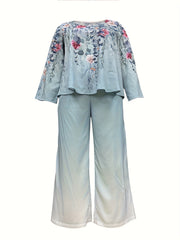 Plus Size Casual Outfits Set, Women's Plus Floral Print Long Sleeve Round Neck Top & Wide Leg Pants Outfits Two Piece Set