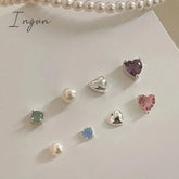 4PCS Korean Fashion Colorful Zircon Heart Metal Pearl Stud Earring for Women Aesthetic Jewelry Set Earrings Wedding Accessories