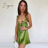 Ingvn - Women Clothing Sexy Temperament Commuter Solid Color Bandage One-neck Dress Spring and Summer New French Satin Mini Skirt